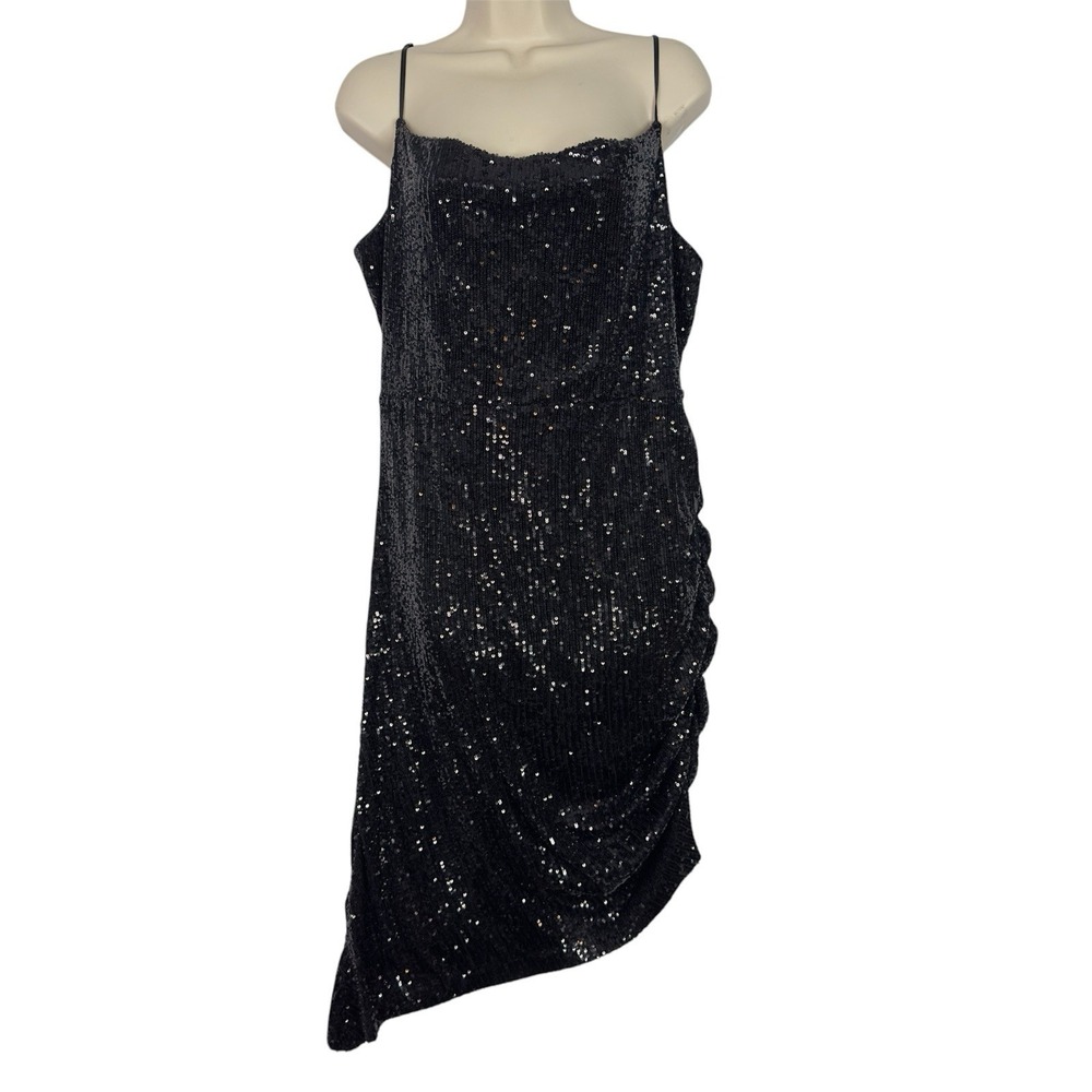 Express Black Sequin Slip Dress Womens L Asymmetrical Ruched Midi Cocktail Party